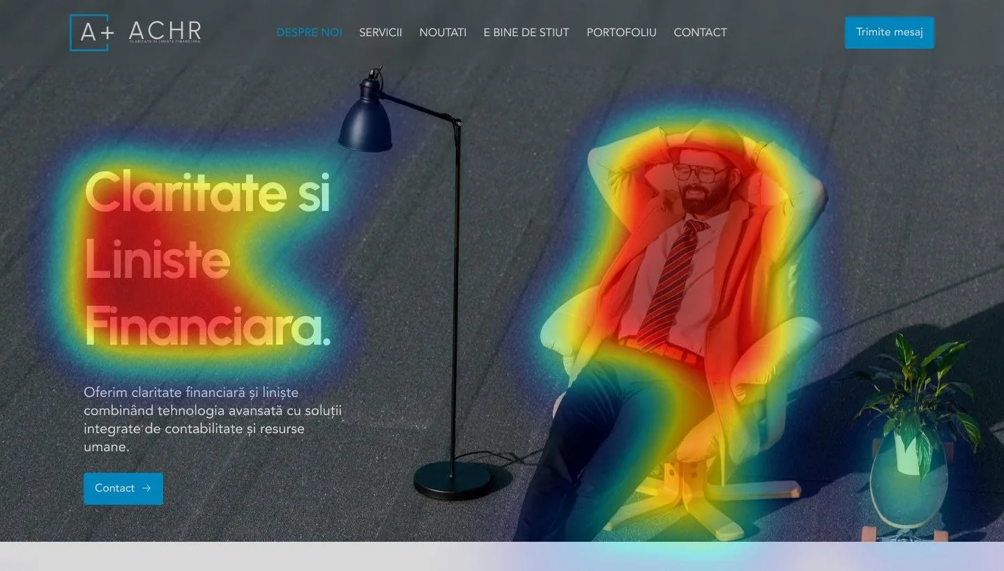 Harta atenției pe primul ecran al site-ului nou ACHR, cu atenția concentrată pe titlu, text și buton