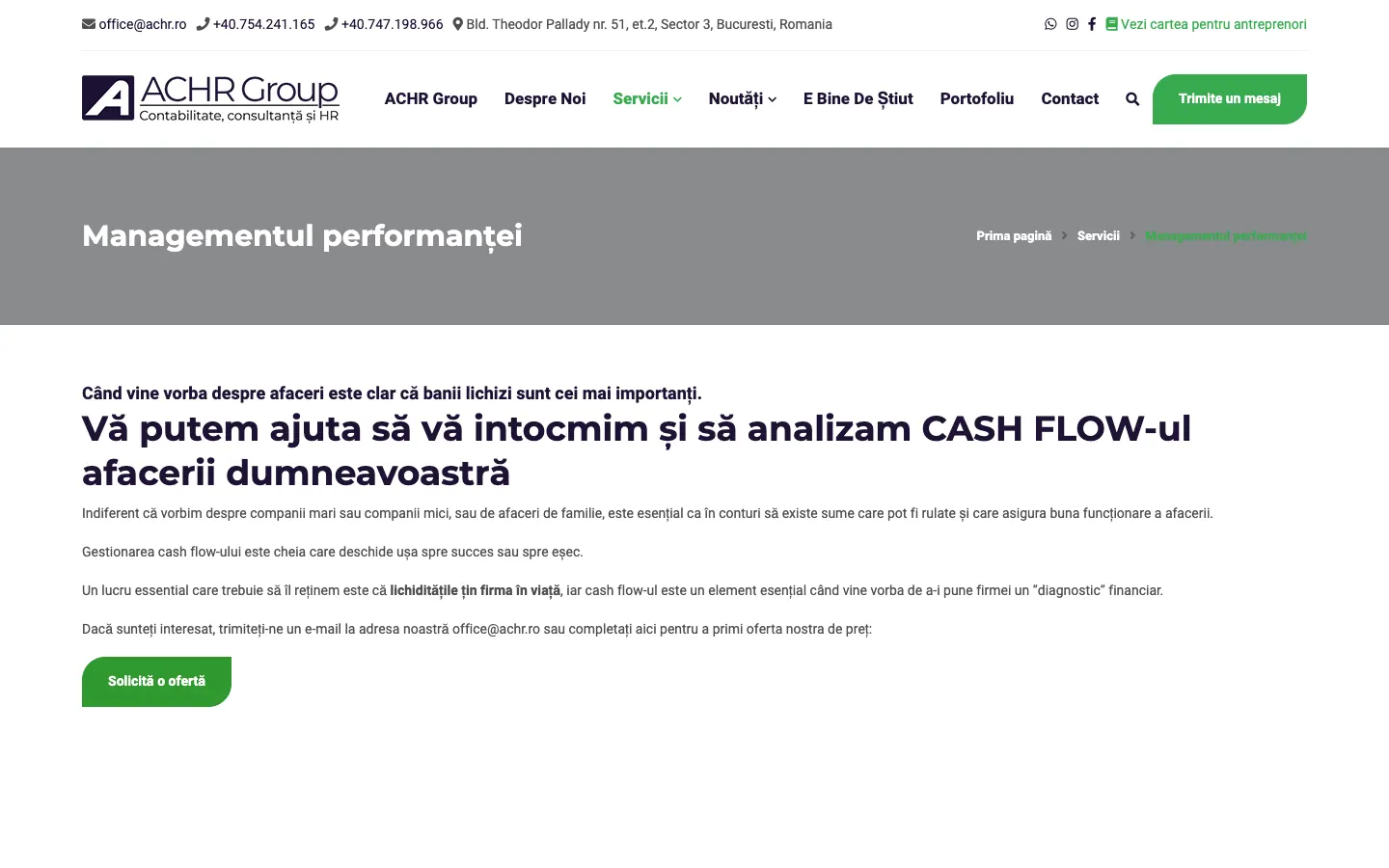 Pagina veche ACHR cu titlul „Vă putem ajuta să vă întocmim și să analizăm CASH FLOW-ul afacerii dumneavoastră”