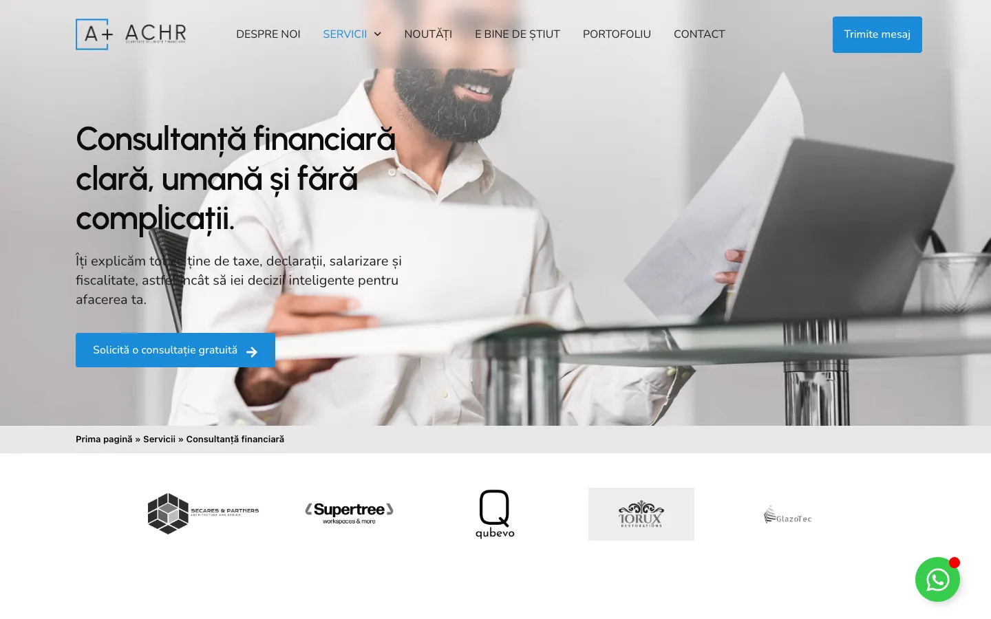 Pagina nouă de consultanță financiară ACHR, cu titlul „Consultanță financiară clară, umană și fără complicații.”