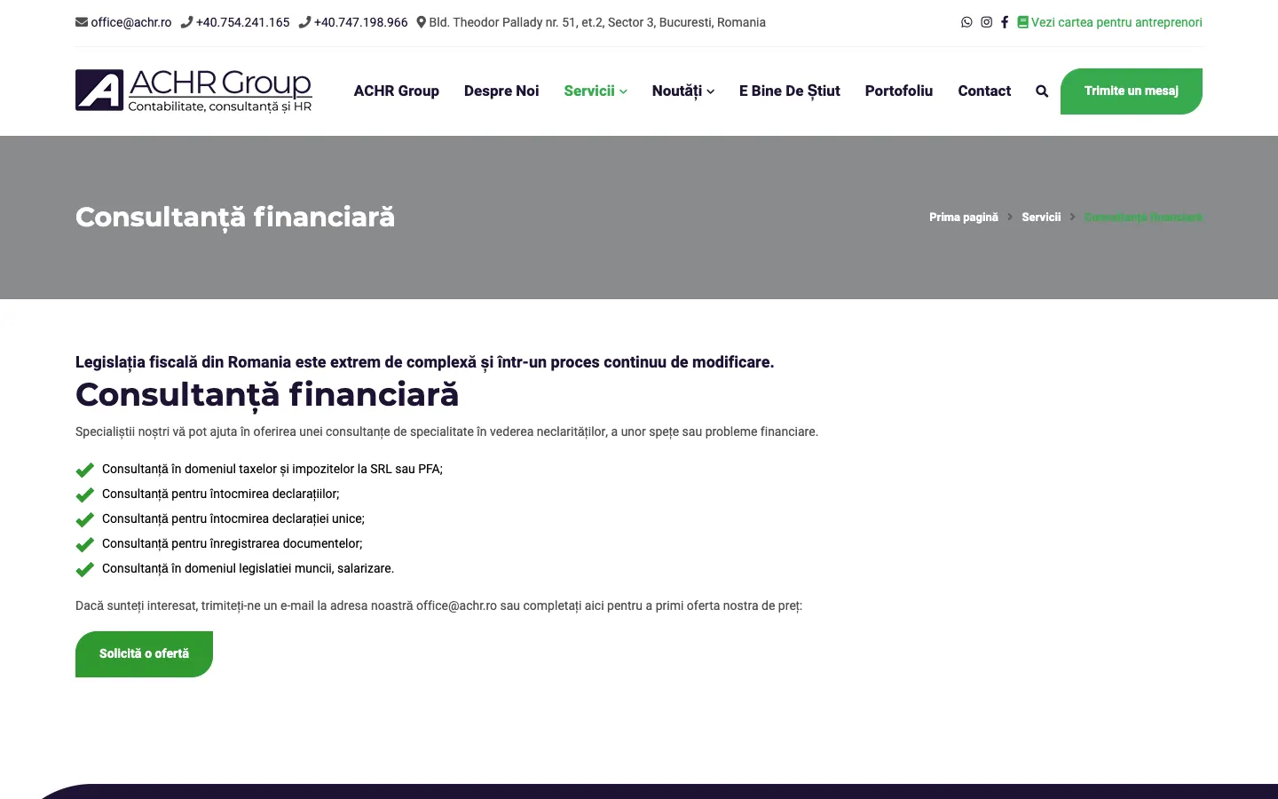 Pagina veche de consultanță financiară ACHR, cu titlul „Consultanță financiară”