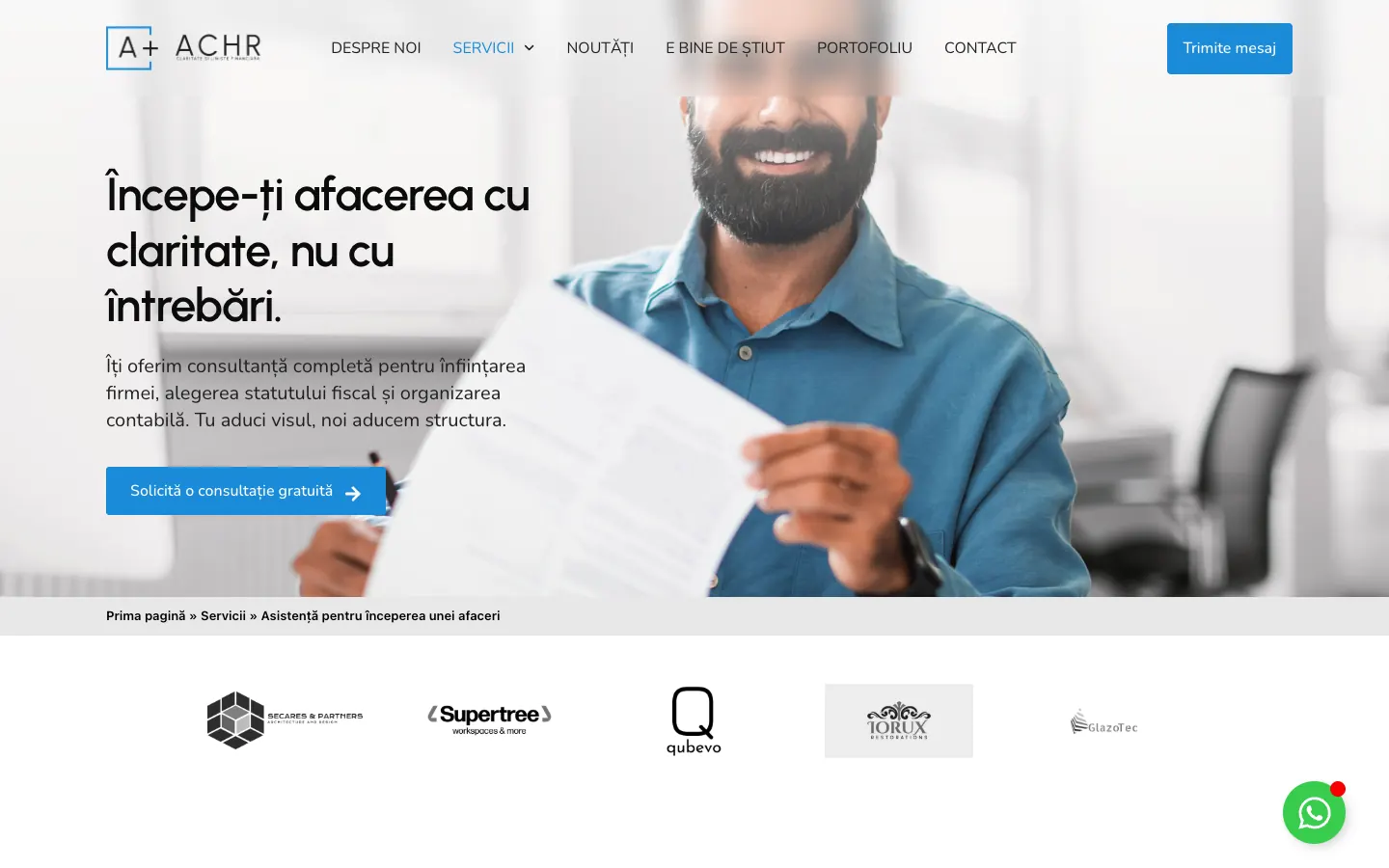 Pagina nouă ACHR de început de afacere, cu titlul „Începe-ți afacerea cu claritate, nu cu întrebări.”