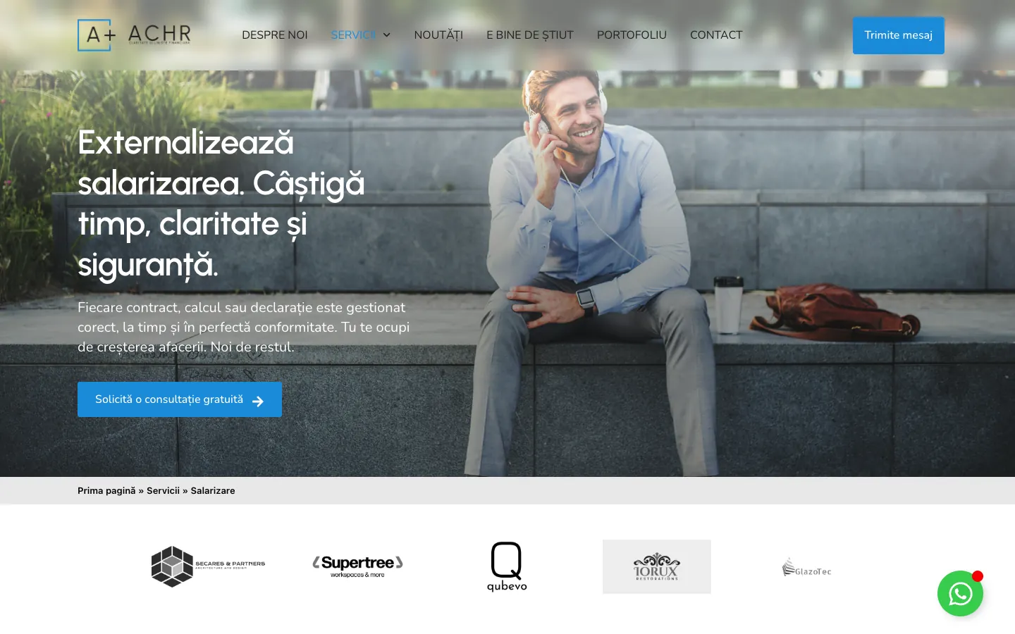 Pagina nouă de salarizare ACHR, cu titlul „Externalizează salarizarea. Câștigă timp, claritate și siguranță.”