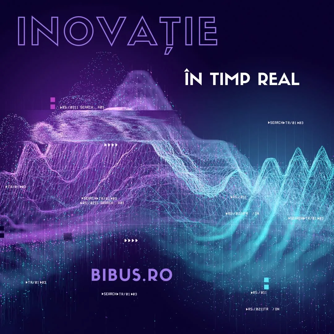 Val digital în nuanțe de violet și turcoaz, cu textul „Inovație în timp real · BIBUS.RO”