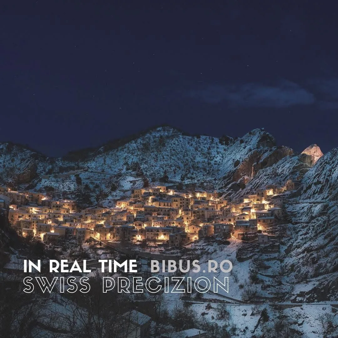 Sat de munte iluminat noaptea, sub zăpadă, cu textul „In real time · Swiss precizion”