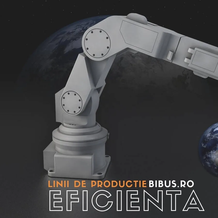 Braț robotic în fața Pământului, cu textul „Linii de producție eficientă”