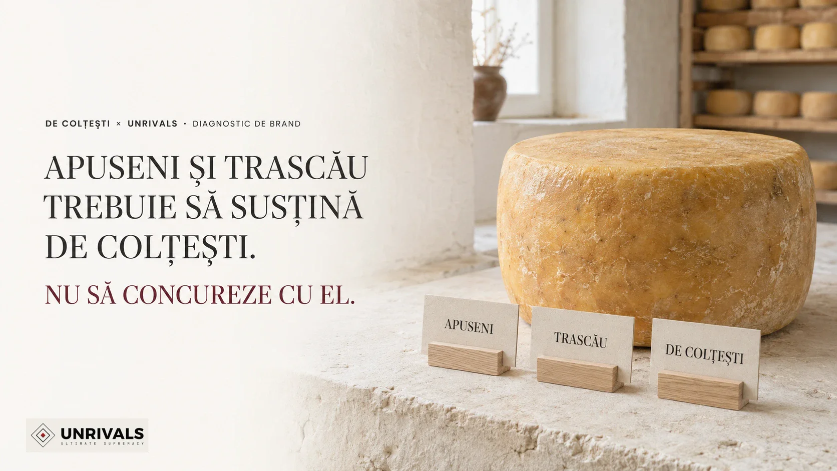 Planșă de diagnostic de brand De Colțești × UNRIVALS: „Apuseni și Trascău trebuie să susțină De Colțești. Nu să concureze cu el”, cu o roată de brânză și trei cartonașe așezate în ordine, Apuseni, Trascău și De Colțești.
