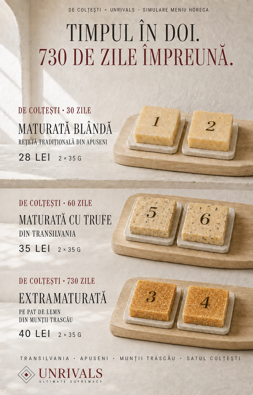 Simulare de meniu HORECA De Colțești × UNRIVALS: „Timpul în doi. 730 de zile împreună”, cu trei trepte de gamă la 28, 35 și 40 de lei, fiecare identificată prin zilele de maturare: 30 de zile maturată blândă, 60 de zile maturată cu trufe, 730 de zile extramaturată pe pat de lemn din Munții Trascău.