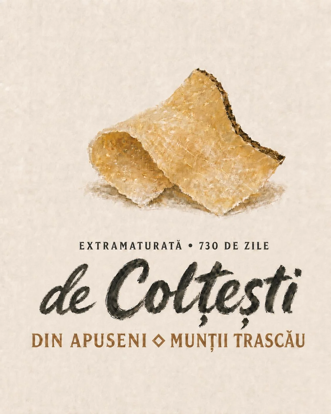 Lockup de produs De Colțești: „Extramaturată · 730 de zile”, numele brandului scris de mână și semnătura geografică „din Apuseni ◇ Munții Trascău”, sub o ilustrație a brânzei maturate.