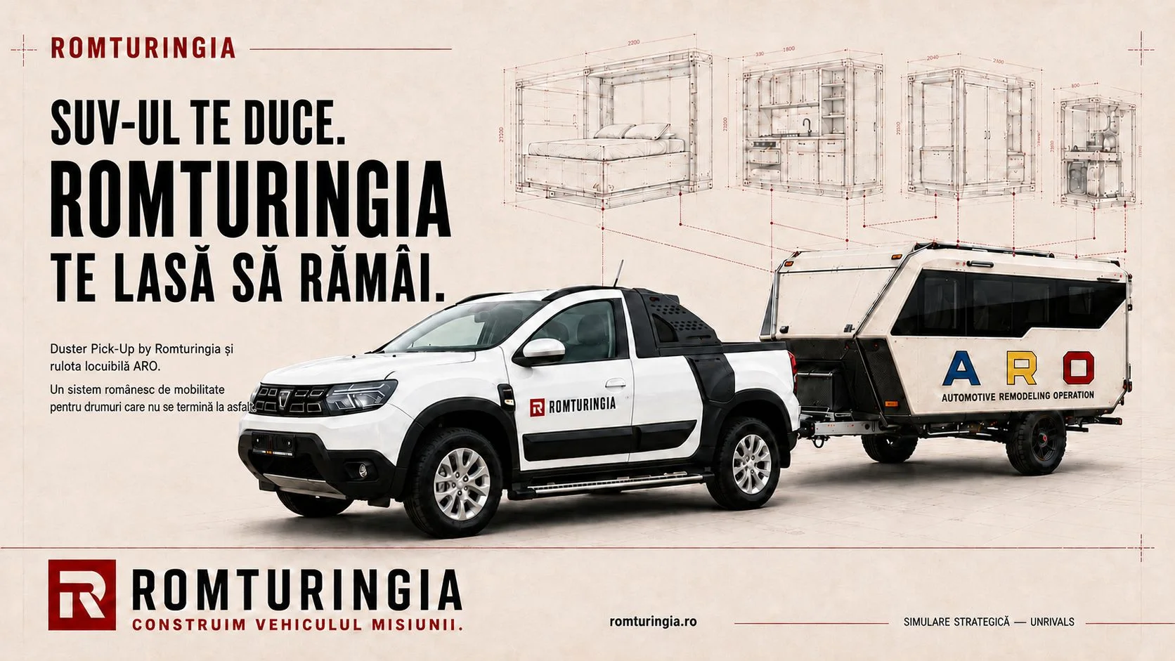 Reclamă-concept Romturingia: „SUV-ul te duce. Romturingia te lasă să rămâi”, Duster Pick-Up by Romturingia cu rulota locuibilă ARO, iar deasupra planșele tehnice ale modulelor.