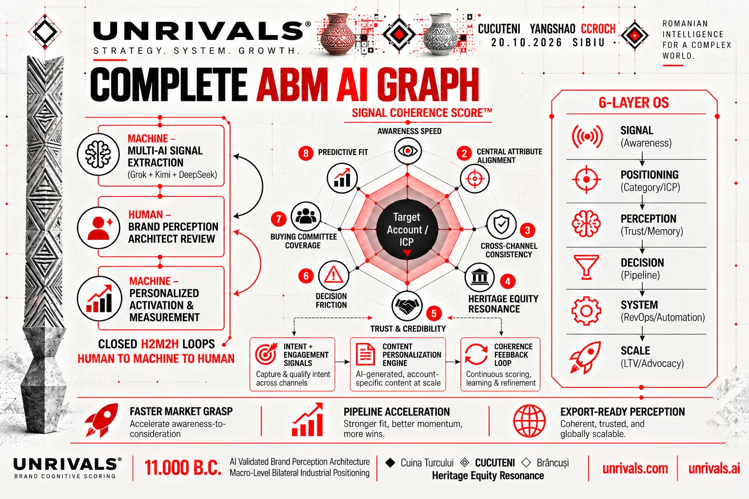 Infografic UNRIVALS „Complete ABM AI Graph”, cu Signal Coherence Score pe opt dimensiuni în jurul contului-țintă, bucla dintre om și mașină și sistemul de operare în șase straturi, de la Signal la Scale