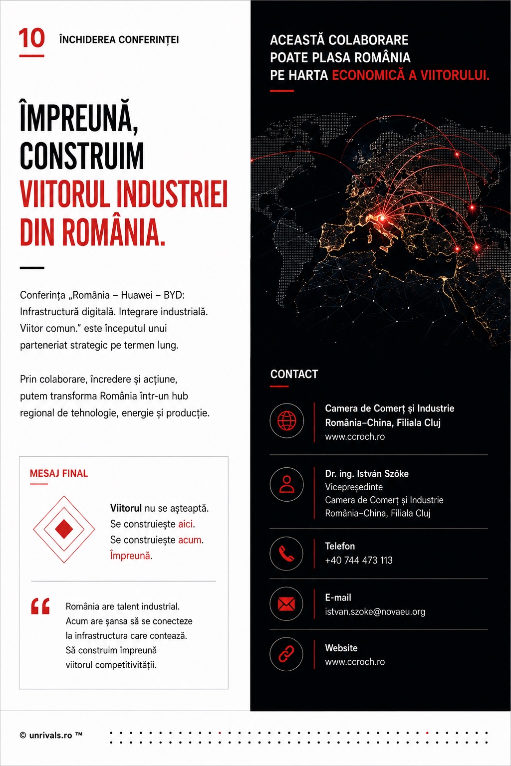 Planșa de închidere a conferinței, cu mesajul final și datele de contact ale Camerei de Comerț și Industrie România–China, Filiala Cluj.