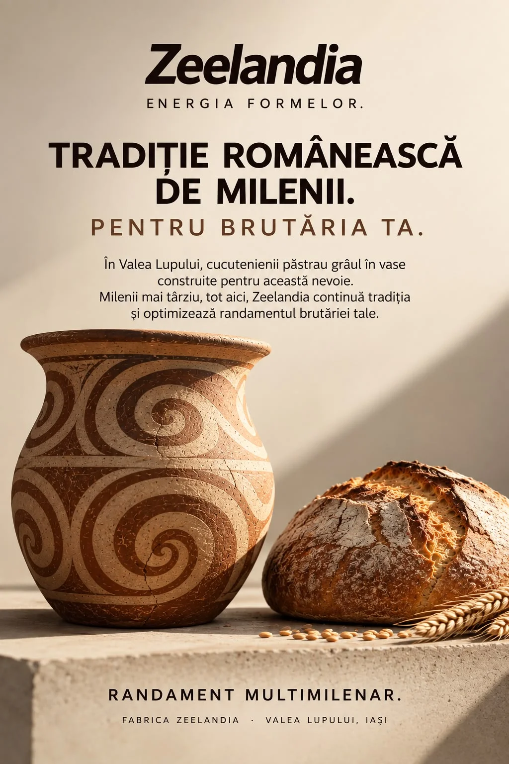 Mostră de campanie Zeelandia: un vas cucutenian cu spirale, alături de o pâine rotundă și spice de grâu. Textul leagă vasele de grâu din Valea Lupului de fabrica Zeelandia din același loc, sub semnătura randament multimilenar.