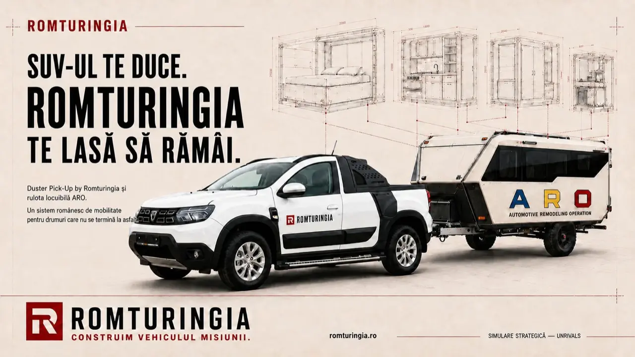 Planșă din deck-ul Romturingia: ARO pe platformă Duster alături de rulota locuibilă, teritoriul van life ca venit complementar pentru dealerul de mașini second premium.
