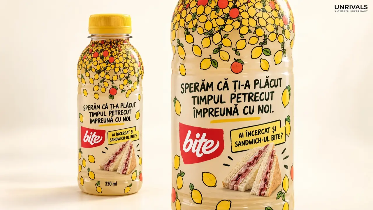 Planșă din deck-ul Pleuro Ind: limonada BITE folosită ca vânzare încrucișată pe sandwich, ambalajul care deschide următoarea vânzare și mută discuția de la listare la rotație.