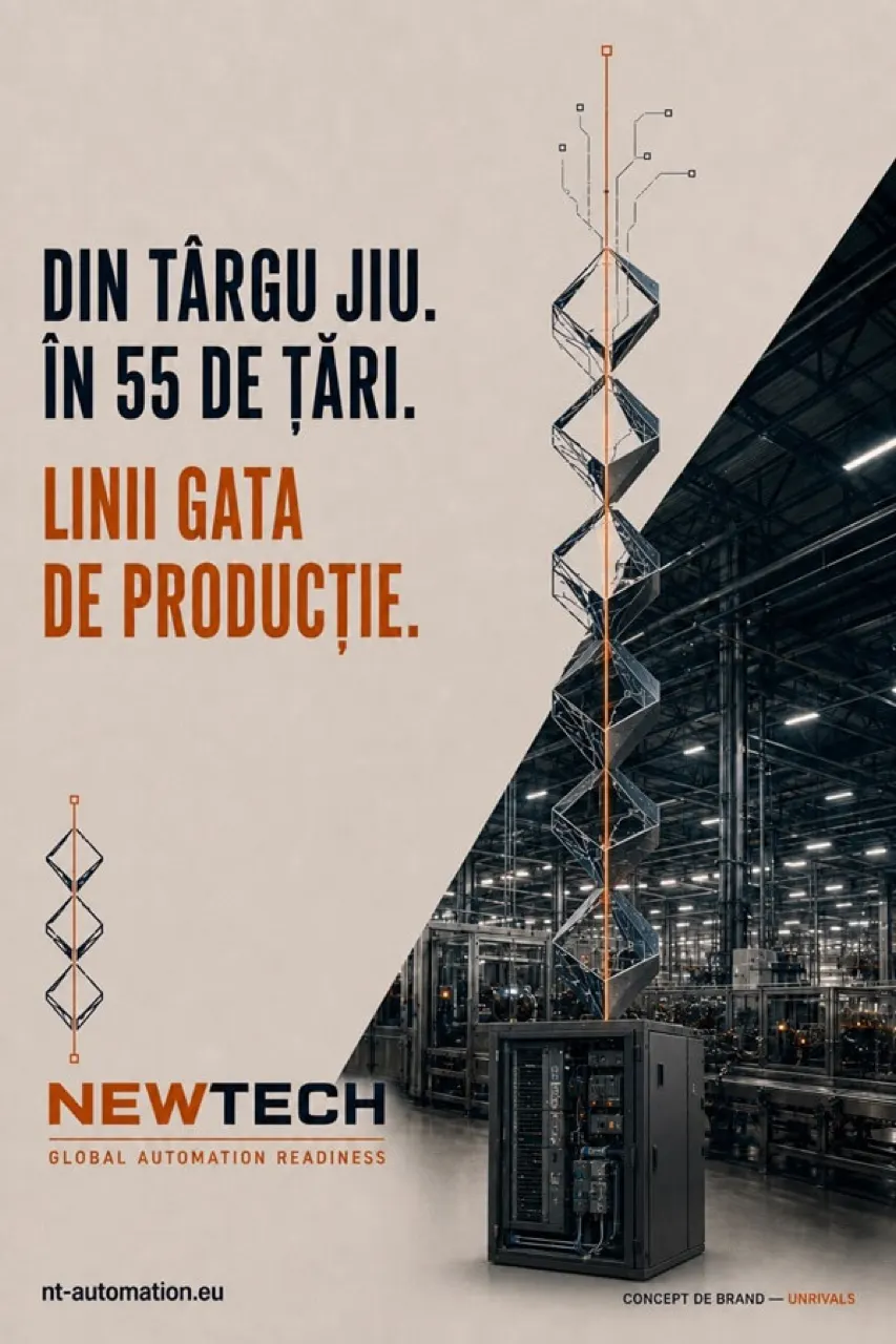 Planșă din deck-ul NewTech Automation: „Din Târgu Jiu. În 55 de țări. Linii gata de producție.", cu Coloana Infinitului integrată ca element vizual de brand. Diferențiatorul rezolvat de deck este Global Automation Readiness, teritoriul dintre echipamentul livrat și linia care produce.