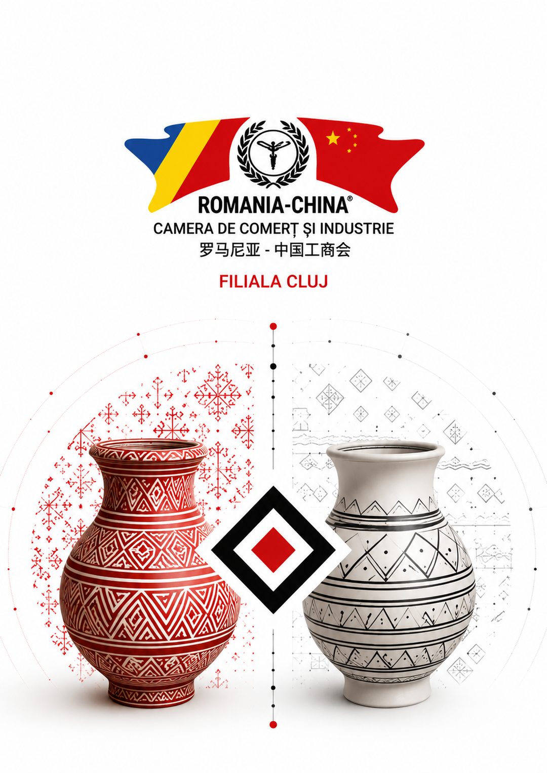 Coperta broșurii Camera de Comerț România–China: vasul Cucuteni și vasul Yangshao față în față.