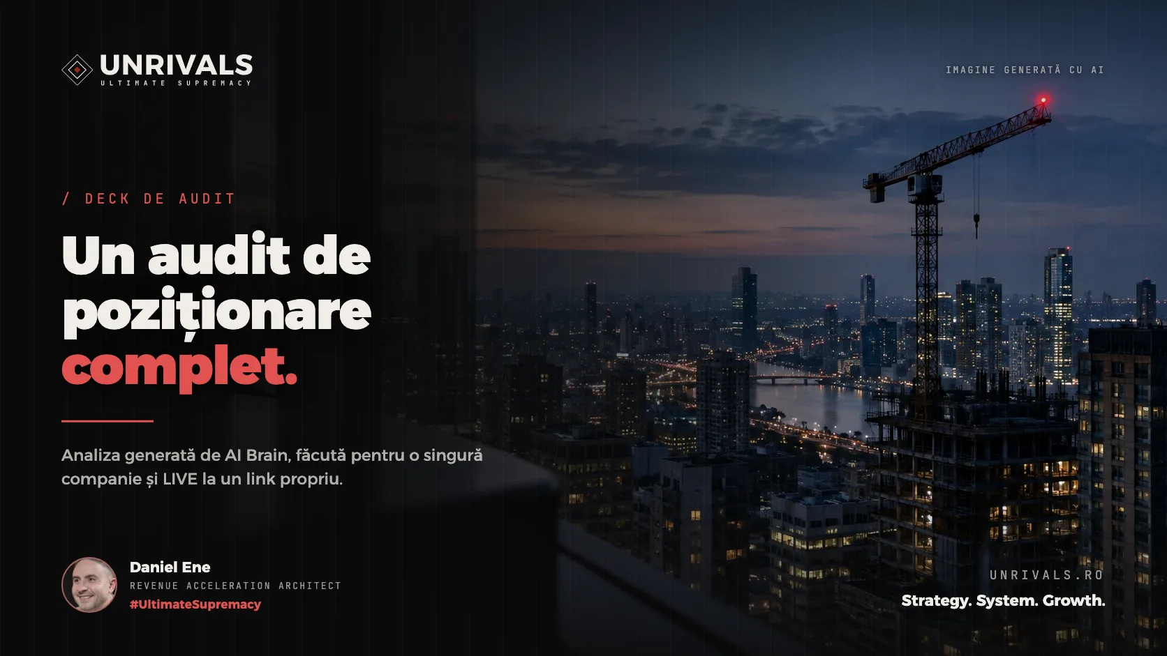 Copertă de deck de audit UNRIVALS: orașul noaptea, o macara cu o singură lumină roșie de avertizare și titlul „Un audit de poziționare complet.”