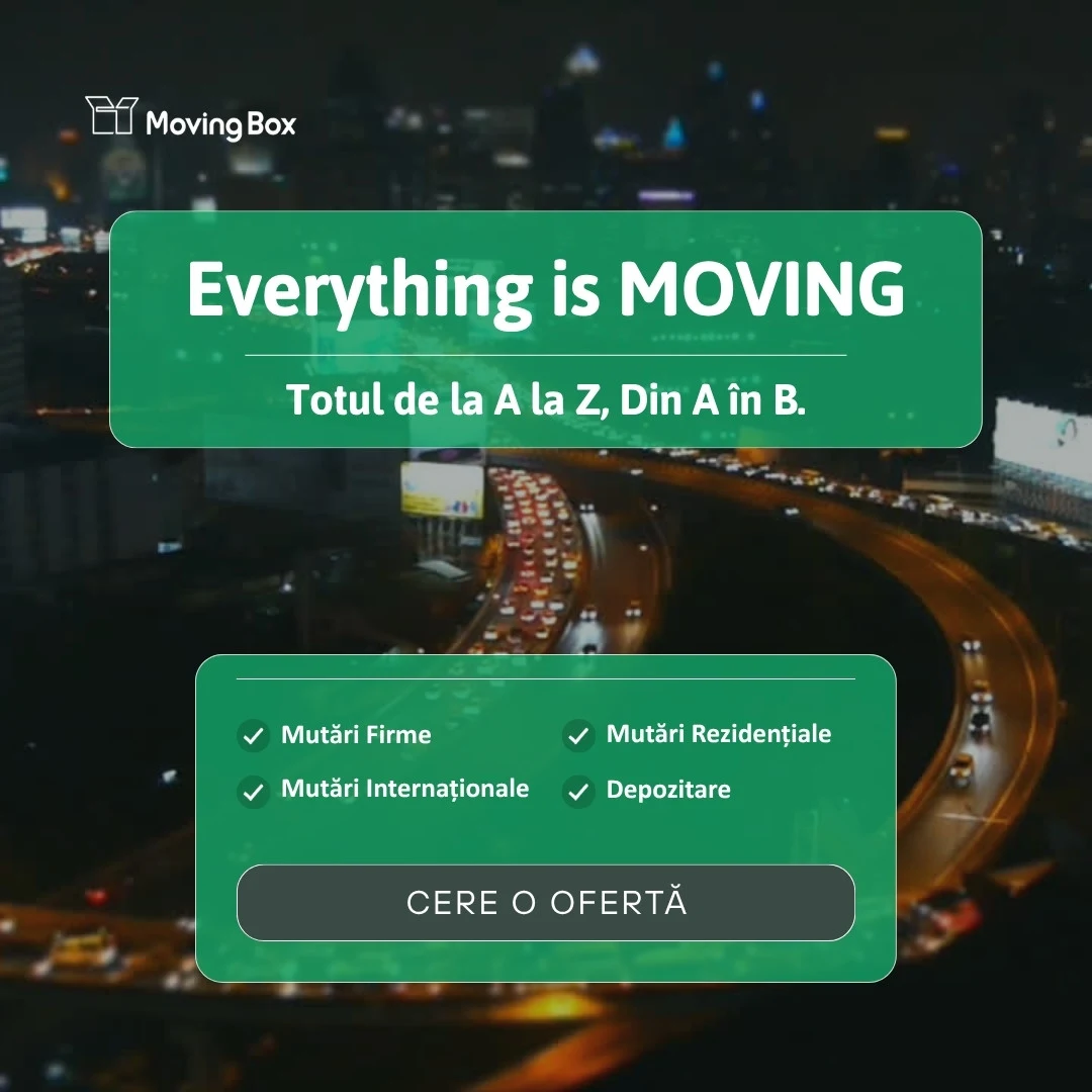 Banner MovingBox: „Everything is moving”, orașul noaptea