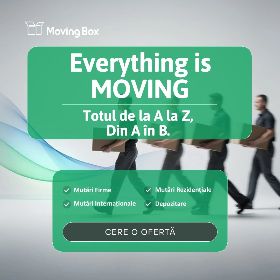 Banner MovingBox: „Everything is moving. Totul de la A la Z, din A în B”