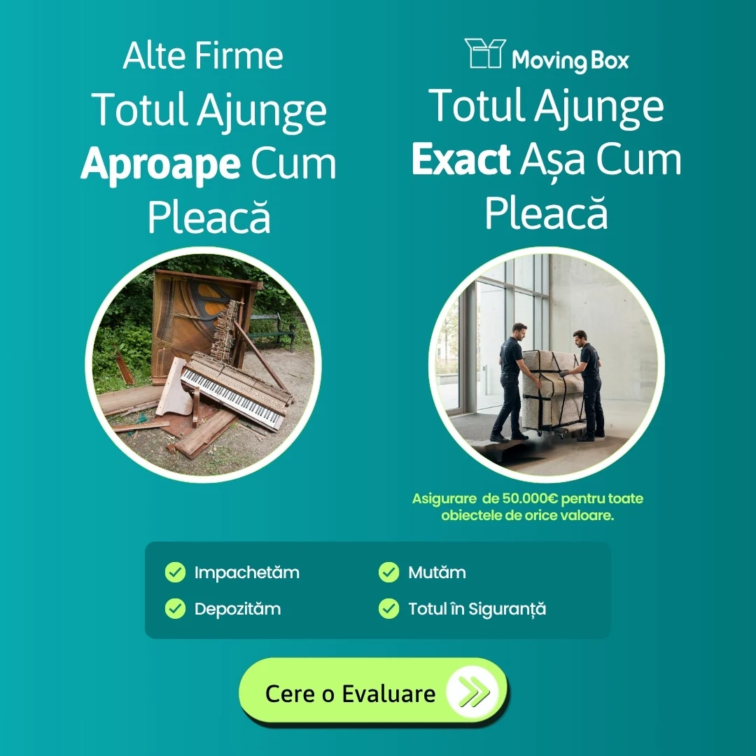 Banner MovingBox pentru companii, comparație: la alte companii totul ajunge aproape cum pleacă, la MovingBox exact așa cum pleacă