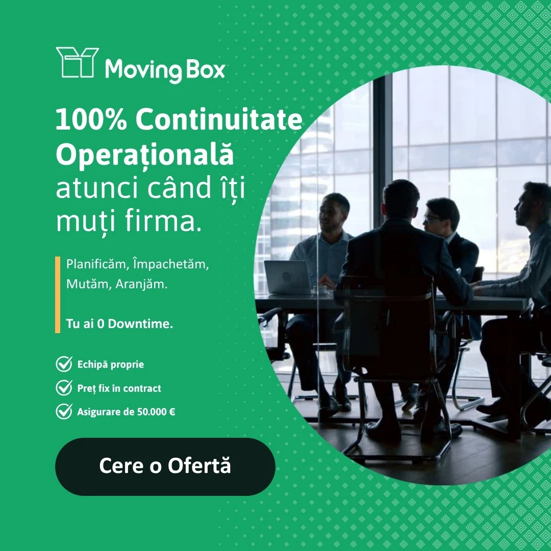 Banner MovingBox pentru companii: „100% continuitate operațională atunci când îți muți firma”