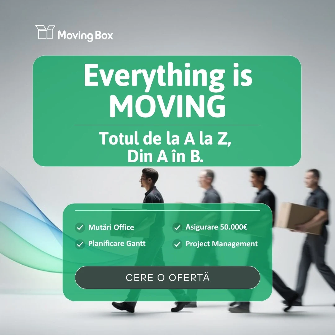 Banner MovingBox pentru companii: „Everything is moving”, echipa în fața unei clădiri de birouri