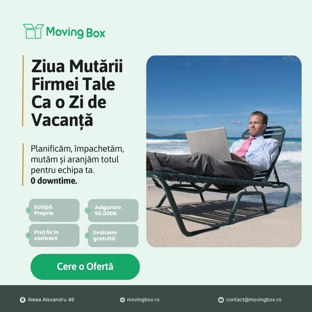 Banner MovingBox pentru companii: „Ziua mutării firmei tale ca o zi de vacanță”, laptop pe plajă