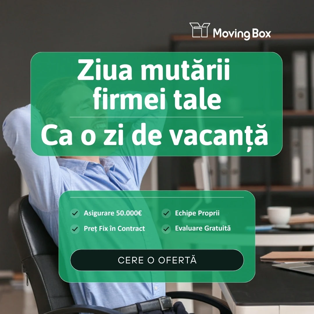 Banner MovingBox pentru companii: „Ziua mutării firmei tale ca o zi de vacanță”, angajat relaxat la birou