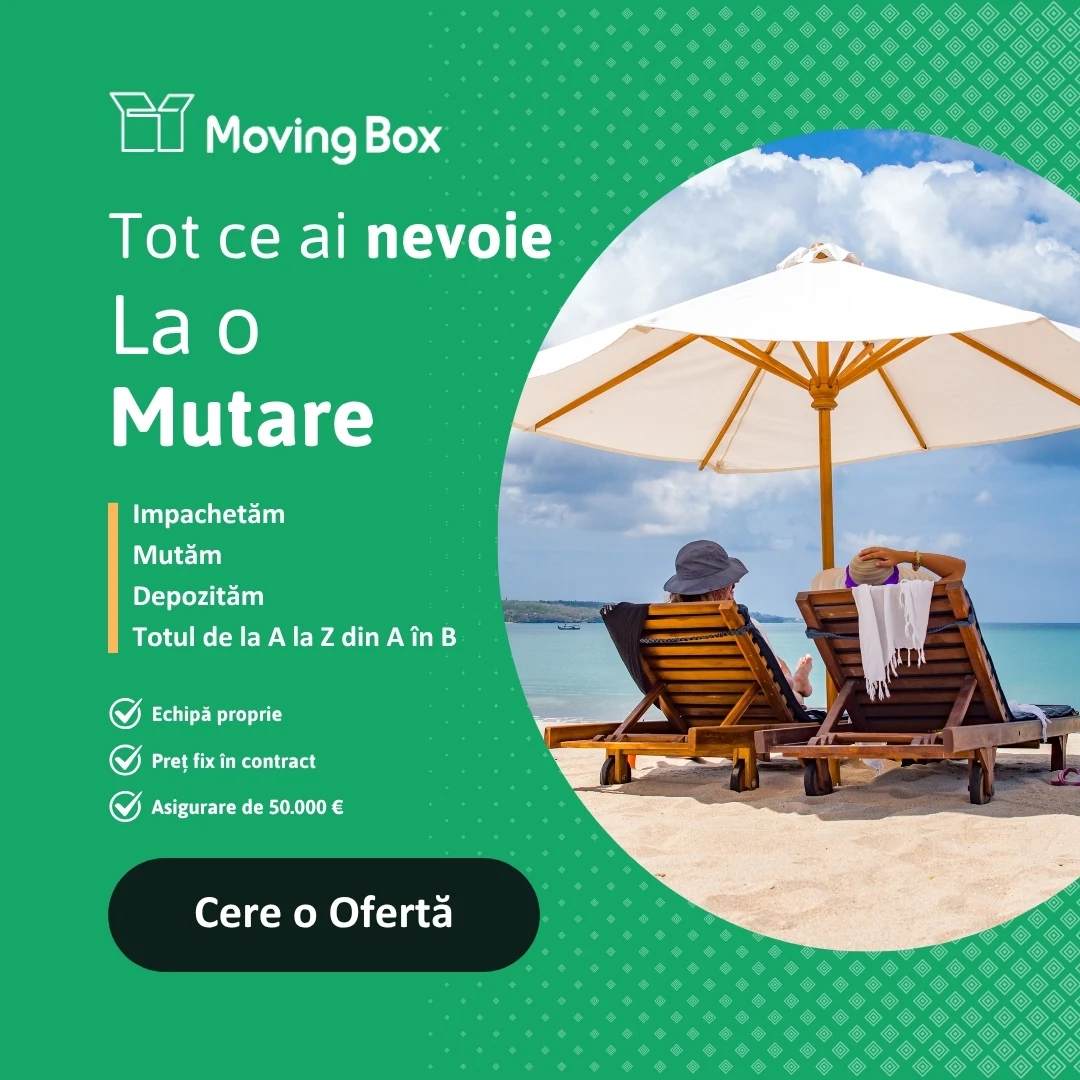 Banner MovingBox: „Tot ce ai nevoie la o mutare”, cu șezlong pe plajă