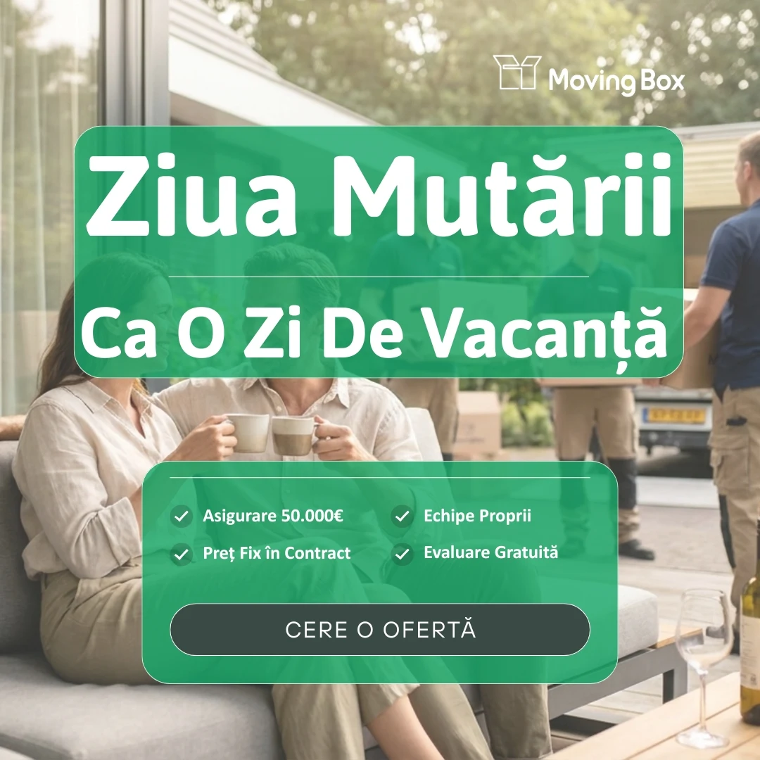Banner MovingBox: „Ziua mutării ca o zi de vacanță”, cuplu relaxat