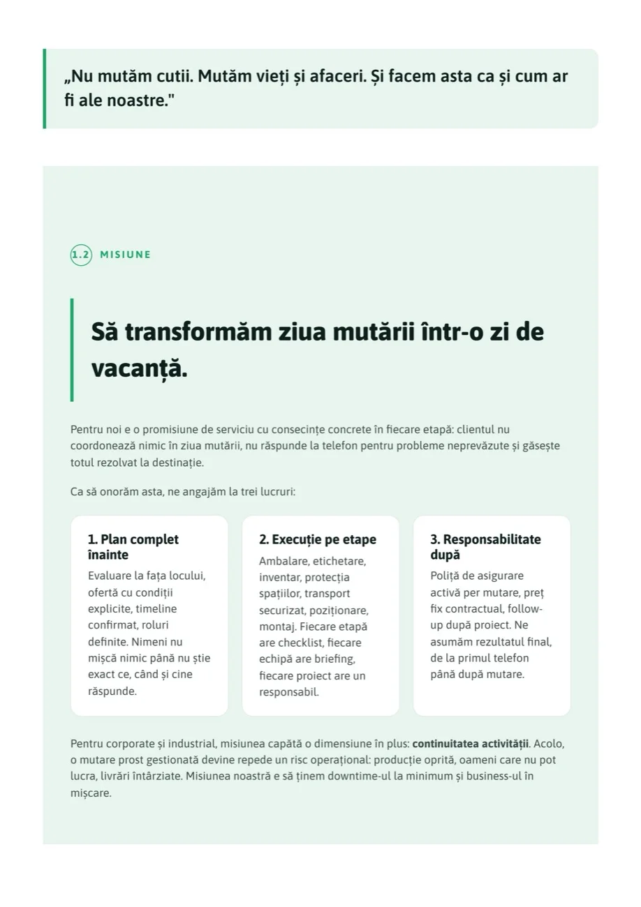 Pagina de misiune din manualul MovingBox: „Să transformăm ziua mutării într-o zi de vacanță”