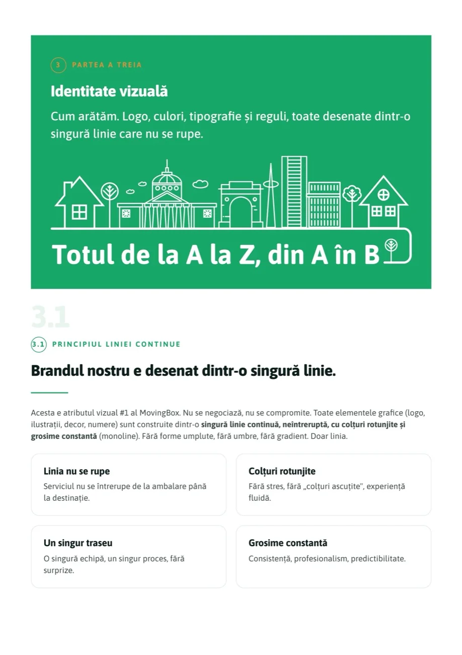 Identitatea vizuală MovingBox, desenată dintr-o singură linie