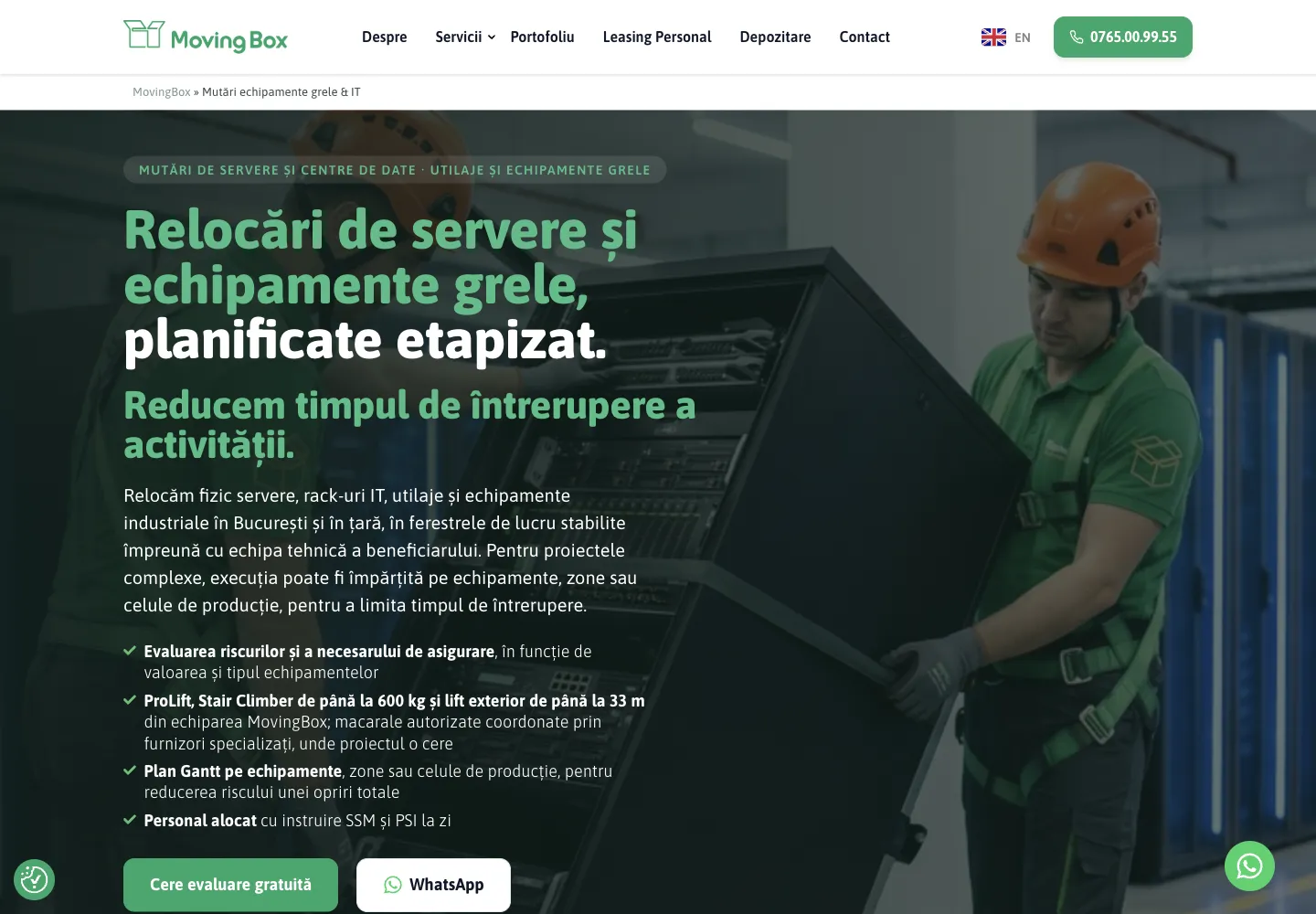 Pagina nouă MovingBox: „Relocări de servere și echipamente grele, planificate etapizat”