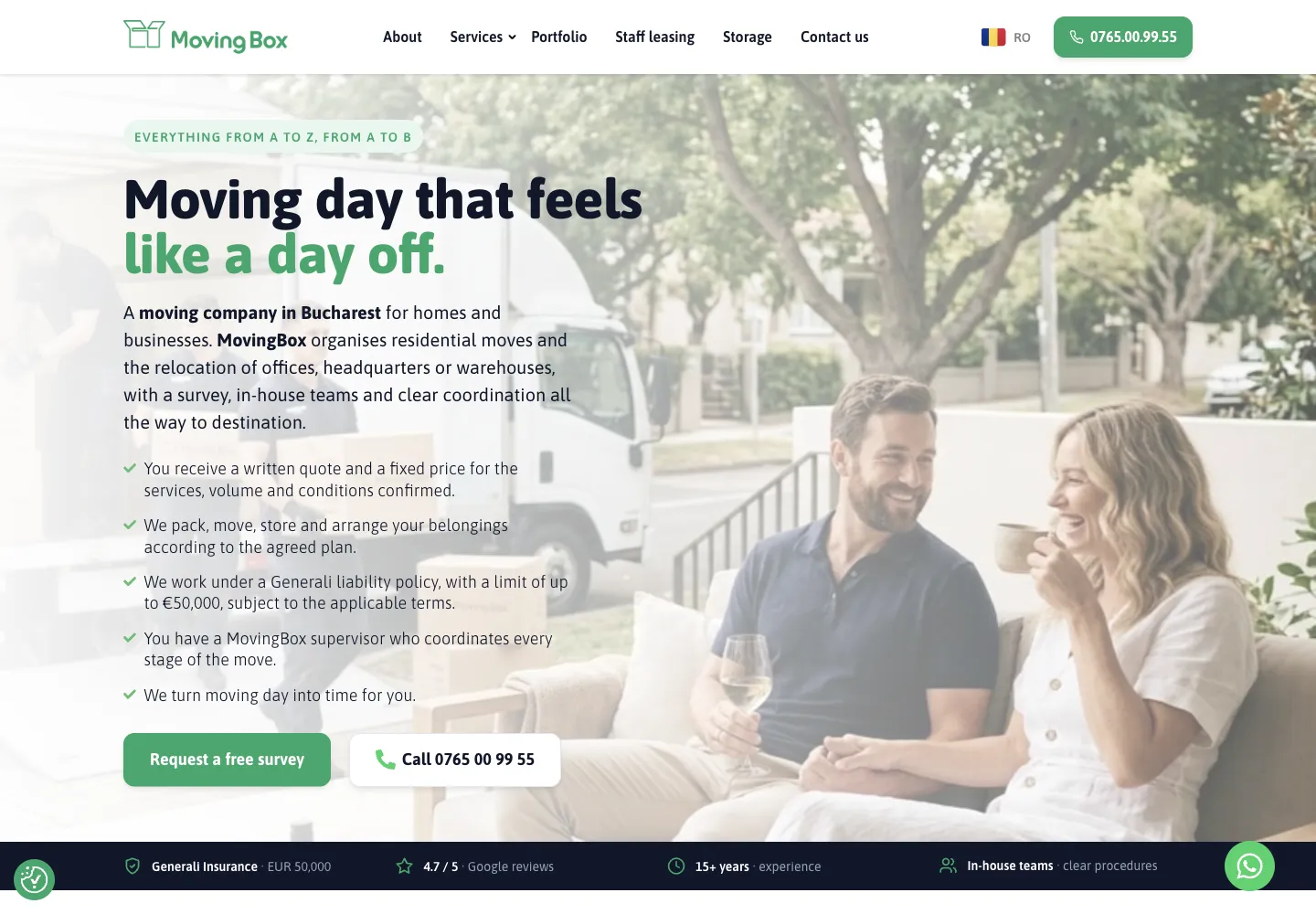 Versiunea în engleză a site-ului MovingBox: „Moving day that feels like a day off”