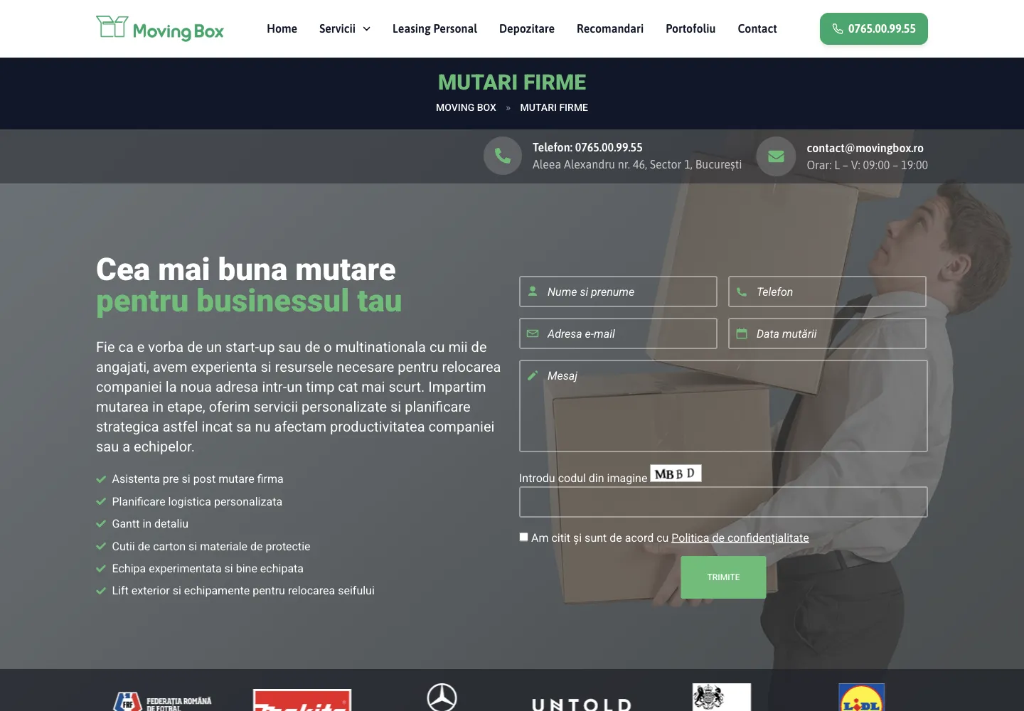 Pagina veche de mutări pentru companii MovingBox: „Cea mai bună mutare pentru businessul tău”