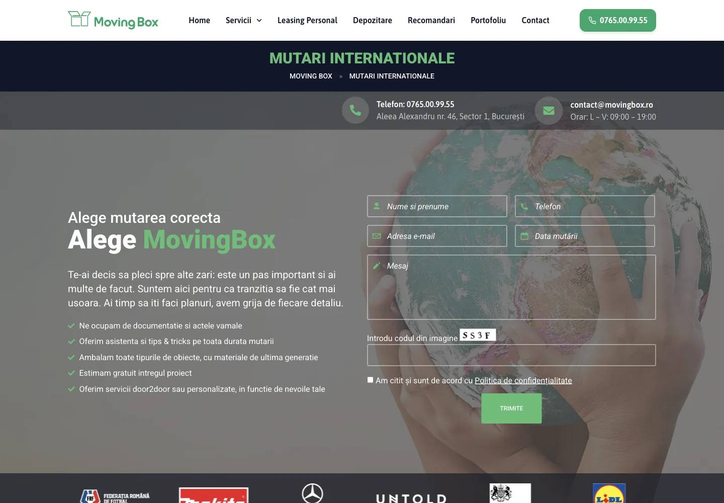 Pagina veche de mutări internaționale MovingBox, cu titlul generic „Alege mutarea corectă, Alege MovingBox”