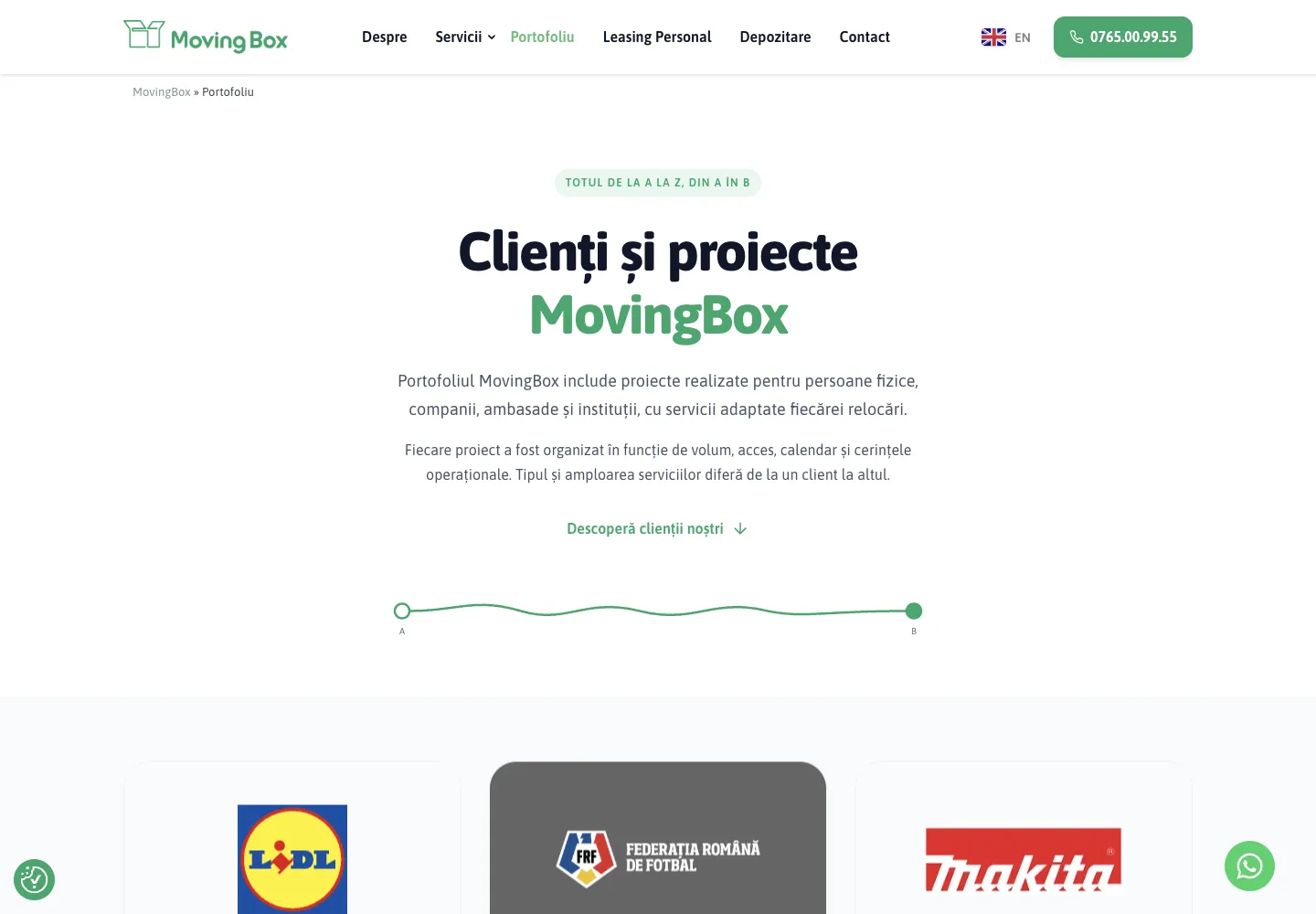 Pagina nouă de portofoliu MovingBox: „Clienți și proiecte MovingBox”