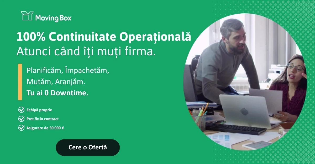 Banner orizontal MovingBox pentru companii: „100% continuitate operațională atunci când îți muți firma”