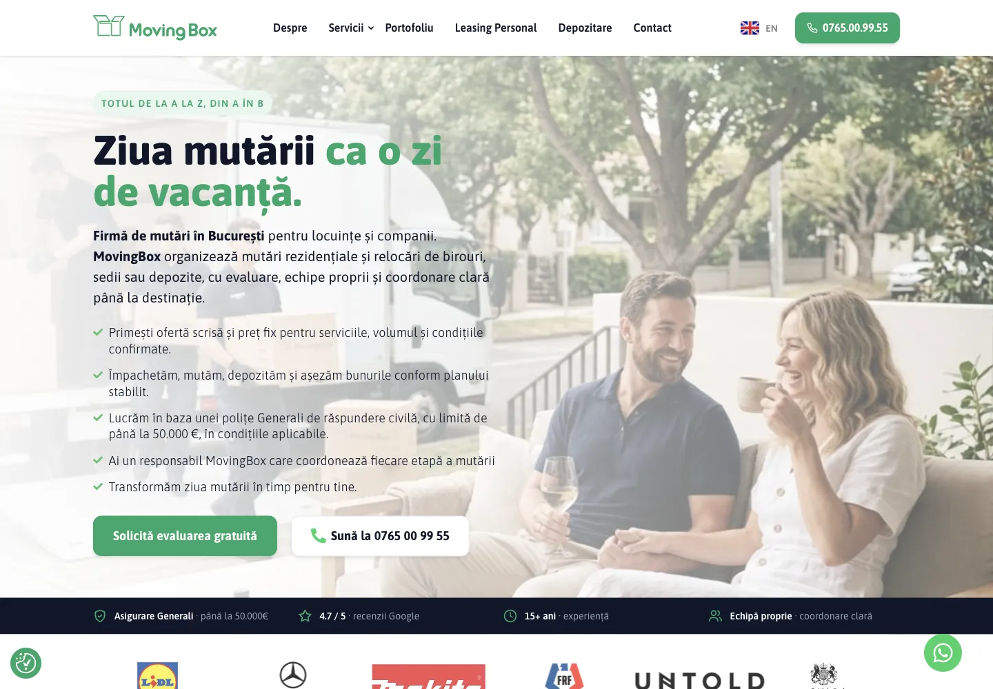 Primul ecran al site-ului nou MovingBox, cu titlul „Ziua mutării ca o zi de vacanță” și două butoane de acțiune