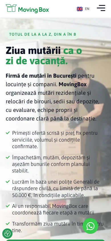 Site-ul nou MovingBox pe telefon, cu butonul de WhatsApp