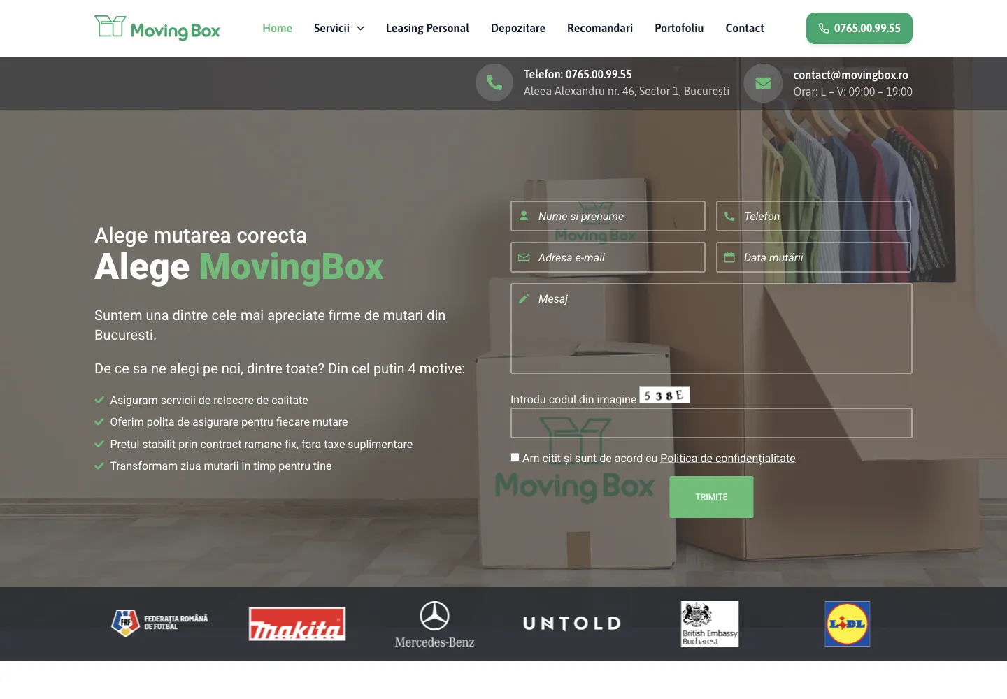 Primul ecran al site-ului vechi MovingBox, cu titlul „Alege mutarea corectă, Alege MovingBox” și un formular lung
