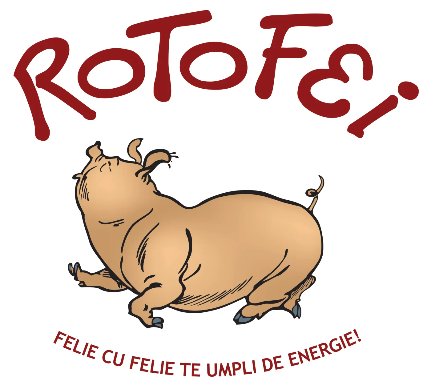 Brandul ROTOFEI integrat: logotipul roșu pe curbă, mascota porcușor și sloganul „Felie cu felie te umpli de energie!”