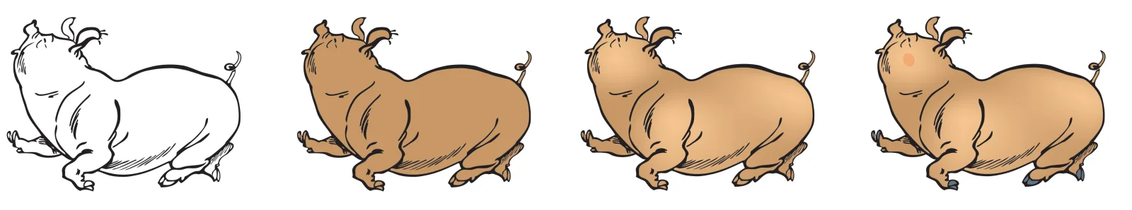 Patru etape de lucru ale mascotei ROTOFEI, de la desenul în linie la varianta finală colorată a porcușorului