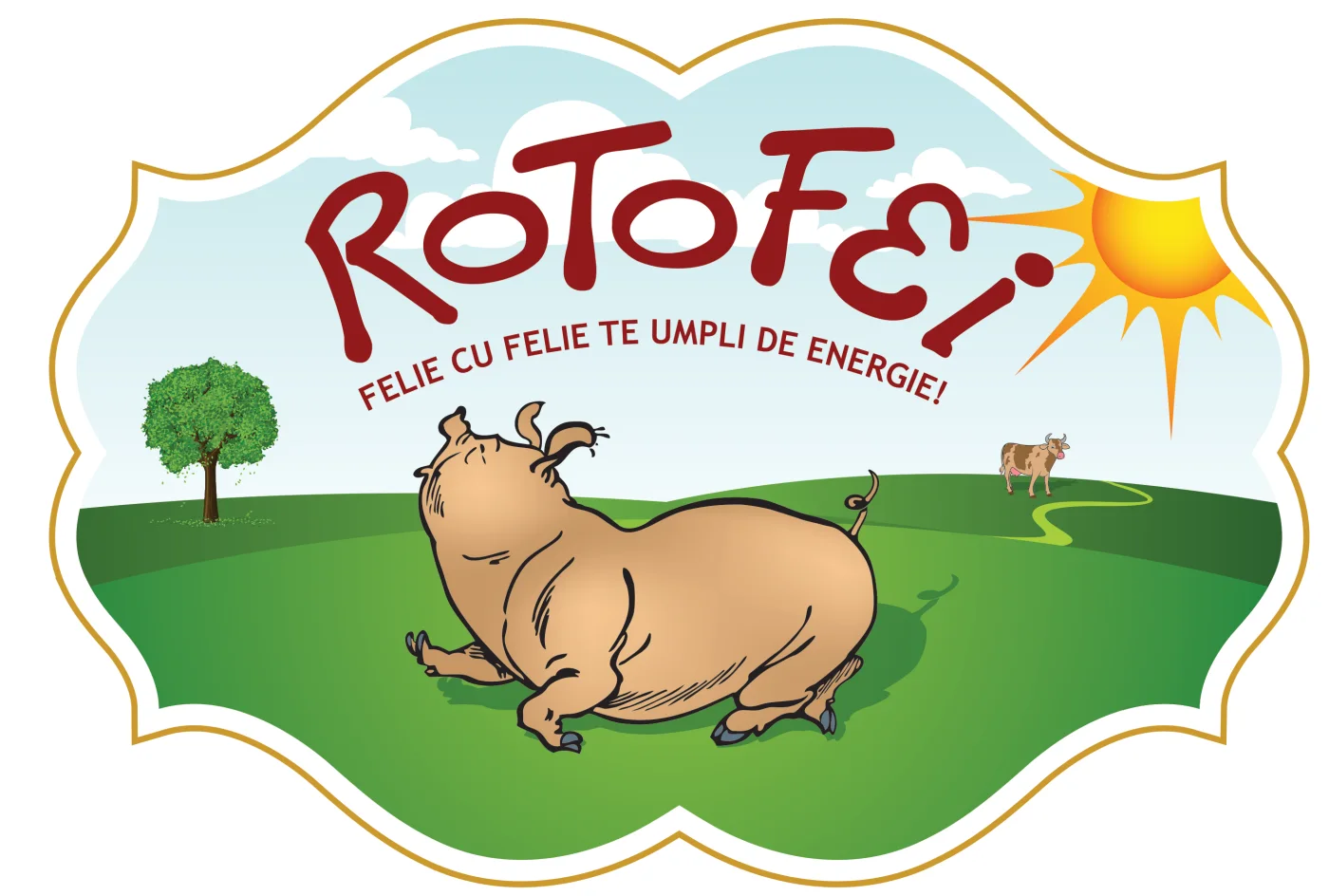 Medalionul ROTOFEI în ansamblu: logotipul și sloganul pe cer, mascota pe pășune, copacul, văcuța, poteca și soarele, într-un cadru cu contur auriu