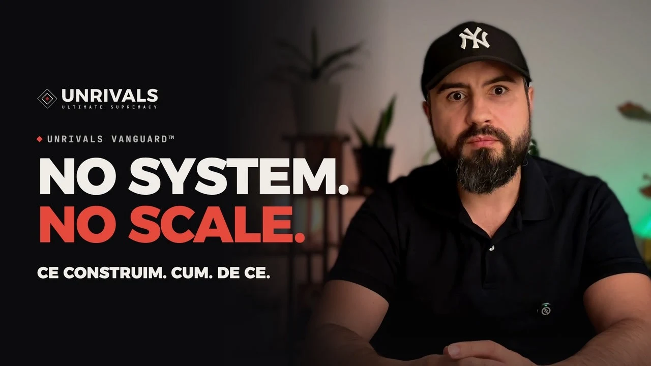Daniel Ene, fondatorul UNRIVALS, lângă titlul filmului NO SYSTEM. NO SCALE.