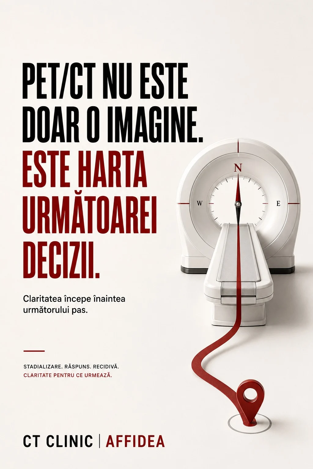 Concept vizual UNRIVALS pentru CT Clinic, cu PET/CT prezentat drept harta următoarei decizii medicale