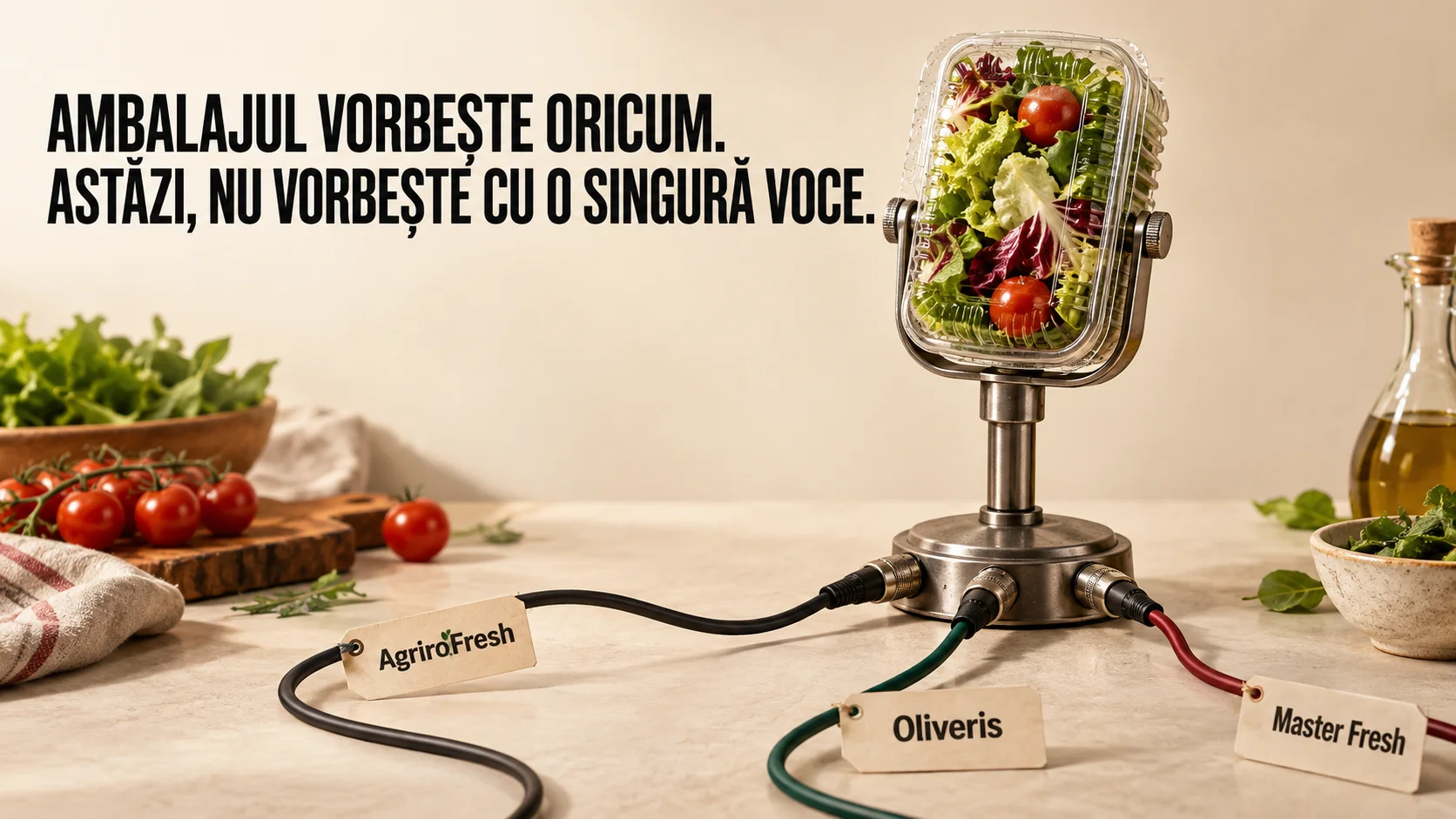 Planșă: o caserolă de salată montată ca un microfon de studio, din care pleacă trei cabluri etichetate AgriroFresh, Oliveris și Master Fresh. Textul spune că ambalajul vorbește oricum, însă astăzi nu vorbește cu o singură voce.