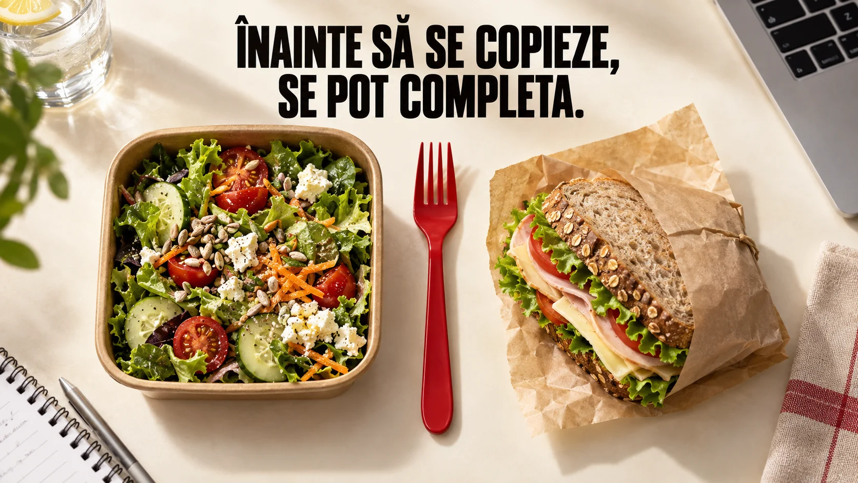 Planșă: o salată într-un bol de carton și un sandwich învelit în hârtie stau de o parte și de alta a unei furculițe roșii. Textul spune că, înainte să se copieze, cele două se pot completa.