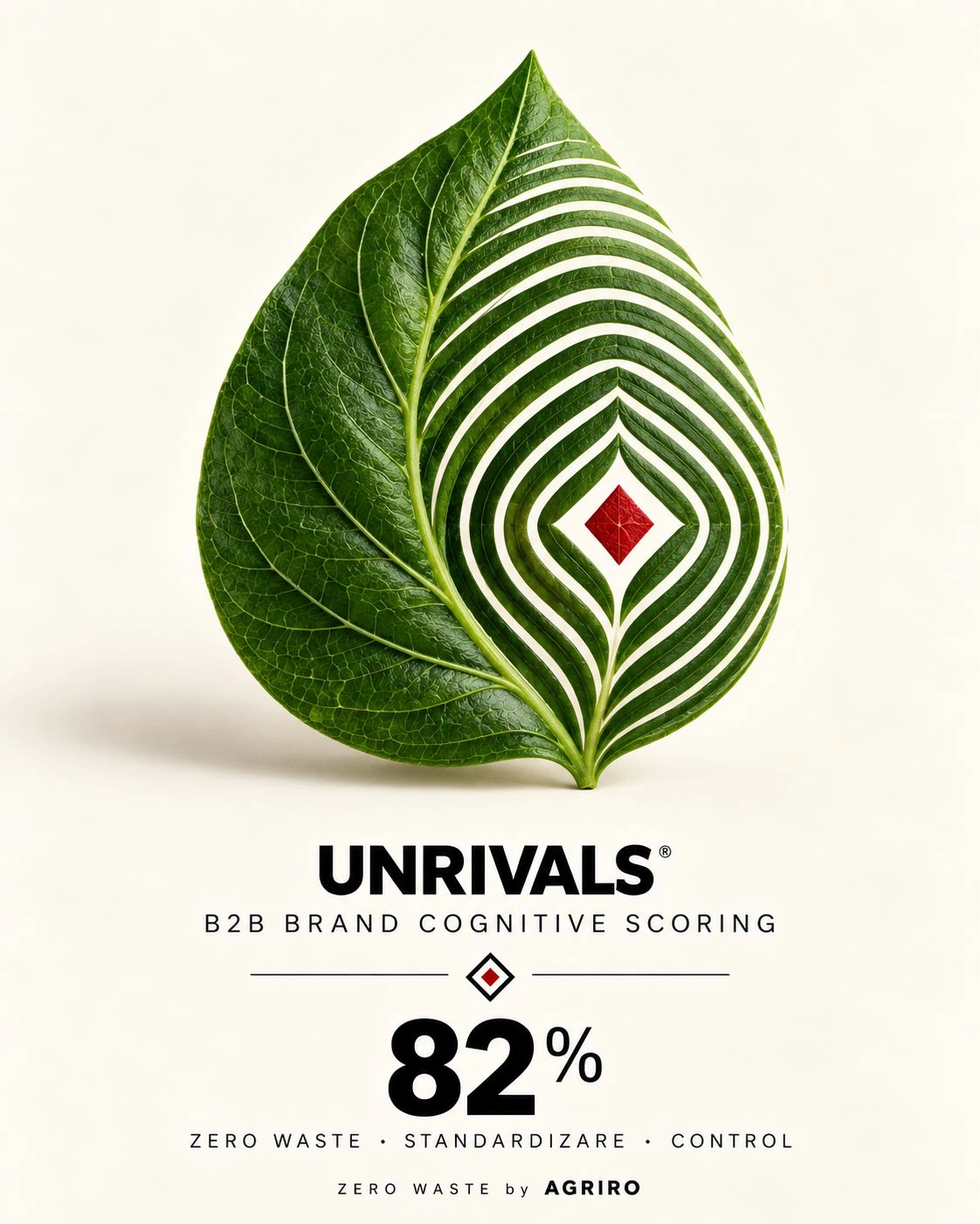 Planșă de deschidere: o frunză verde ale cărei nervuri se strâng în inele spre un romb roșu, deasupra mărcii UNRIVALS și a etichetei B2B Brand Cognitive Scoring. Scorul propus pentru marca Zero Waste by Agriro este 82%, pe trei repere, zero waste, standardizare și control.
