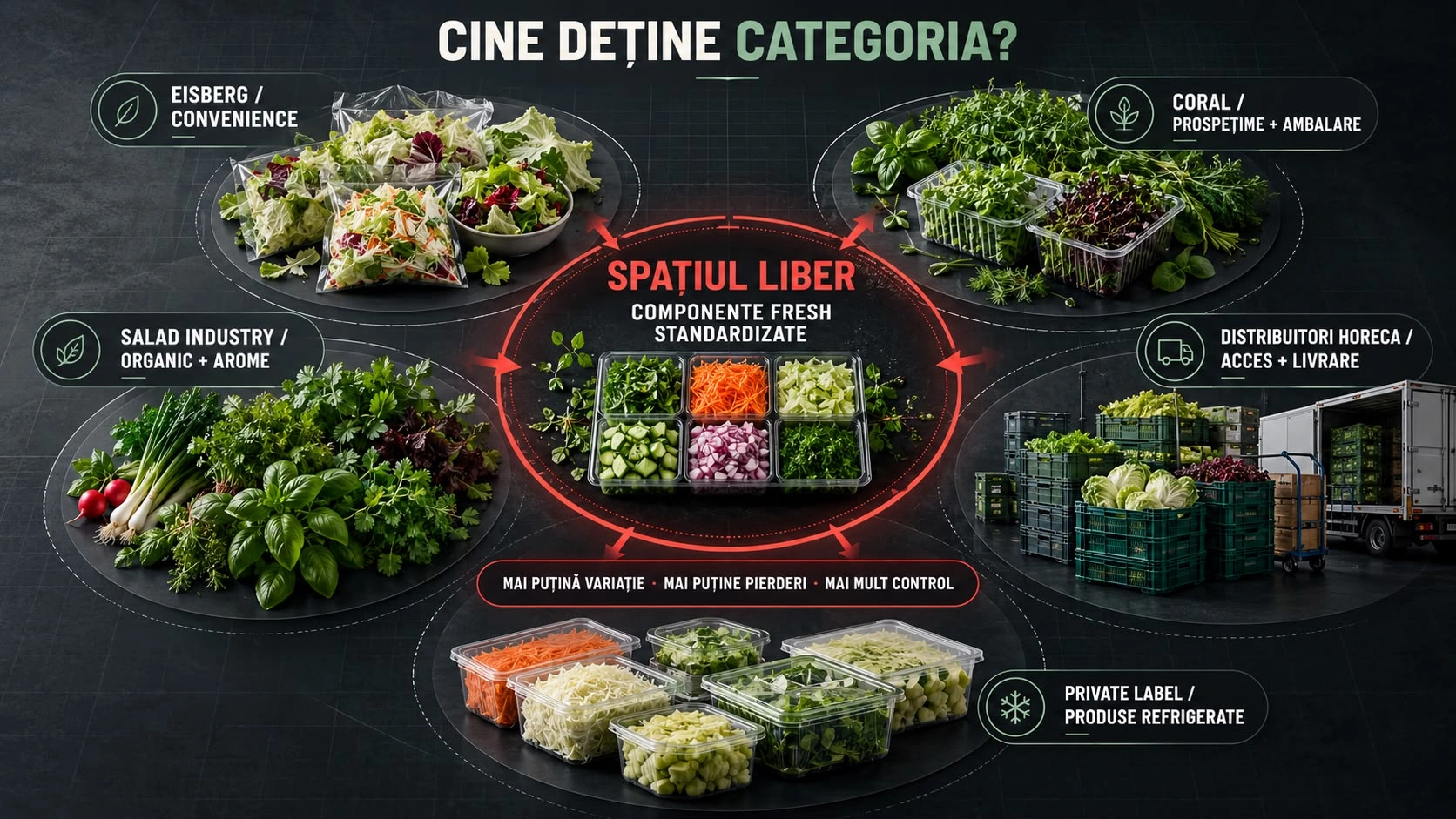 Planșă: diagrama „Cine deține categoria?”. În centru stă spațiul liber, componentele fresh standardizate, iar în jurul lui sunt pozițiile deja ocupate: Eisberg pe convenience, Coral pe prospețime și ambalare, Salad Industry pe organic și arome, private label pe produsele refrigerate și distribuitorii HoReCa pe acces și livrare. Promisiunea spațiului liber este mai puțină variație, mai puține pierderi și mai mult control.